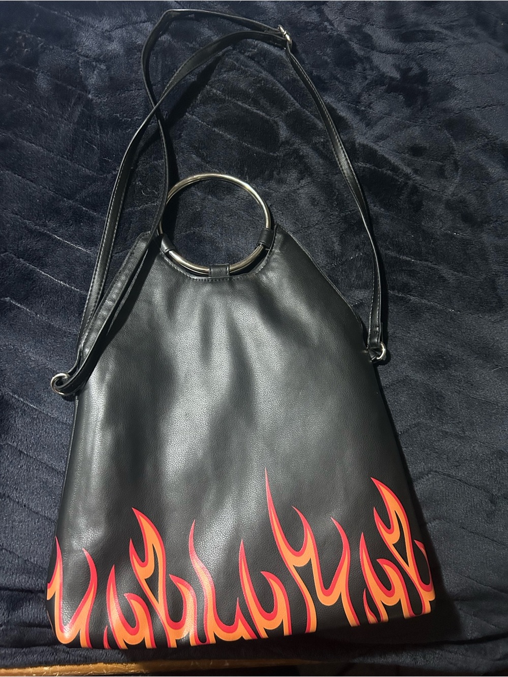 Black Flame Print Shoulder Bag with Metal Ring Handle